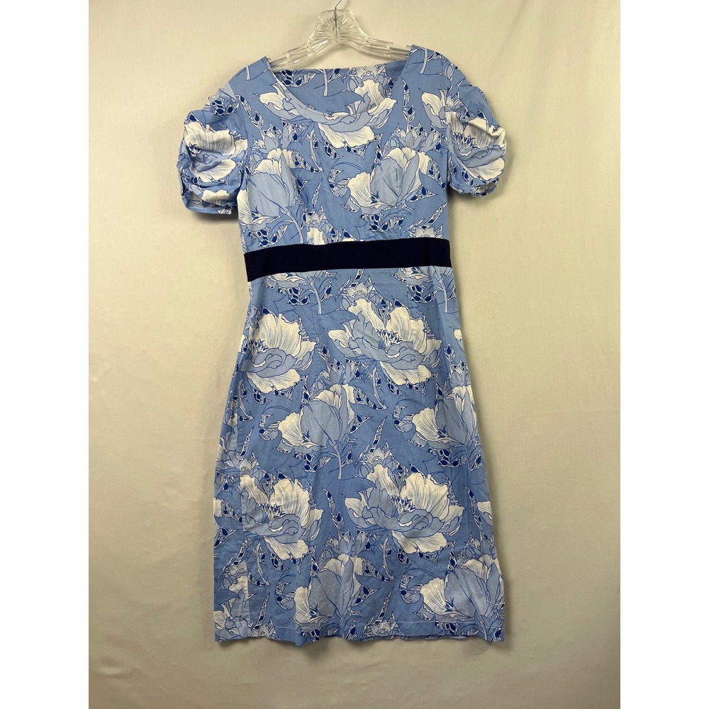 Shabby Apple Floral Midi Dress Womens Medium Blue White Puff Sleeve Cotton Zip